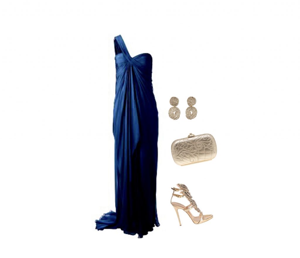 Navy-blue grecian-style dress outfit with accessories