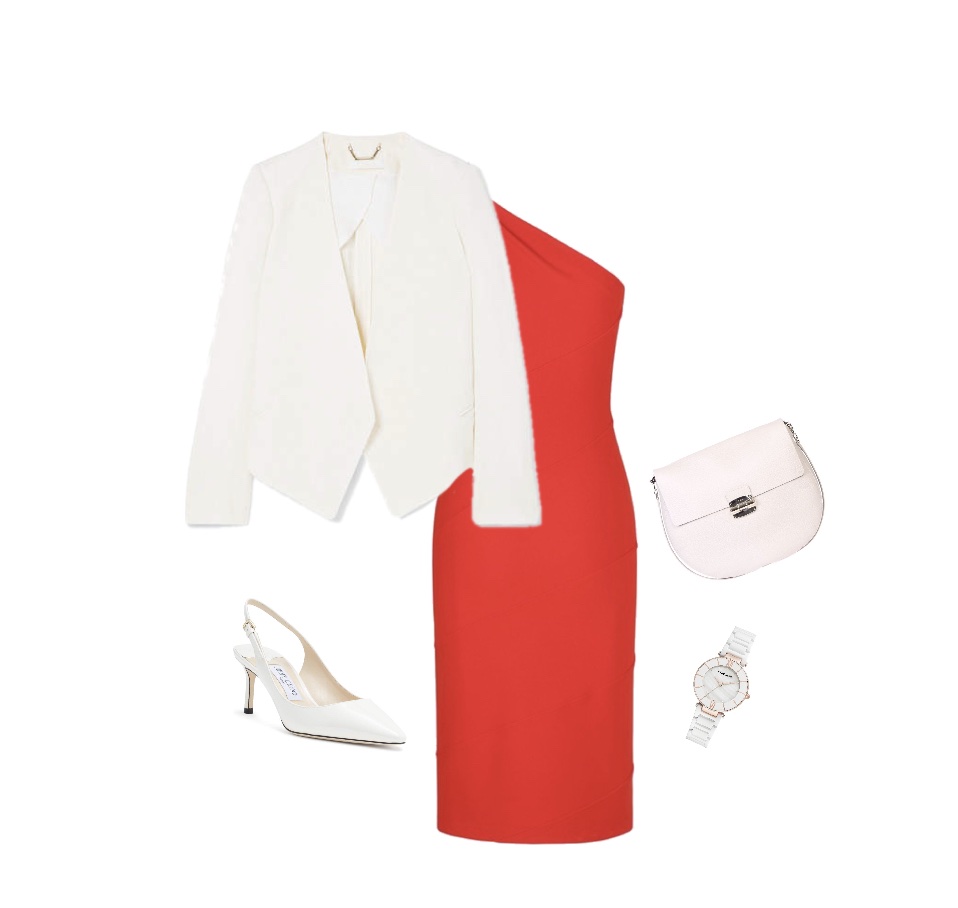Red bodycon white blazer white pumps outfit idea