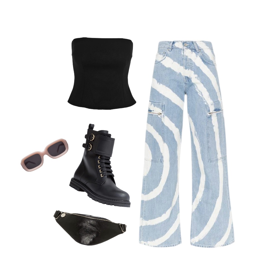 Black bandeau top blue striped jeans fanny pack combat boots baddie outfit idea