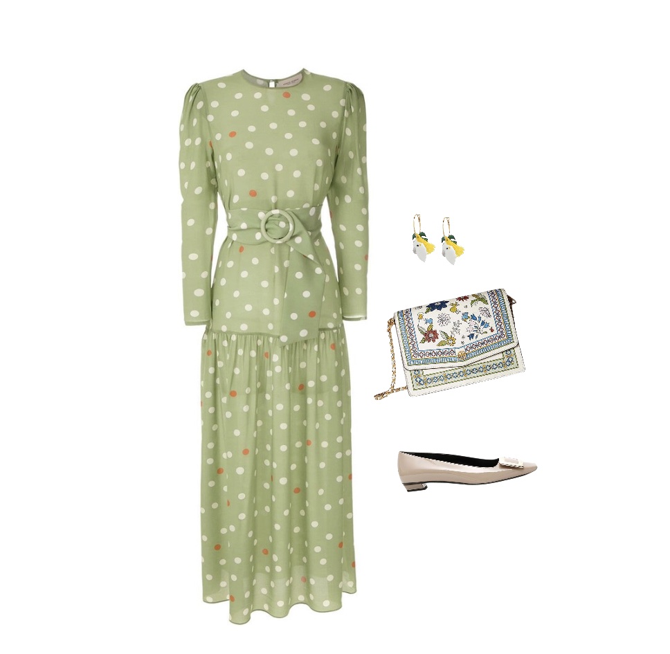 Green polka dot midi dress ballet pumps outfit to wear to a winery