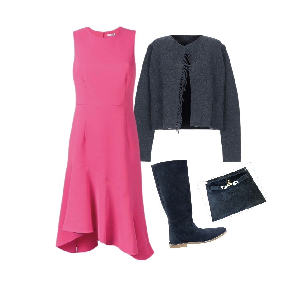 Pink midi dress black blazer black boots fall outfit to wear to a winery