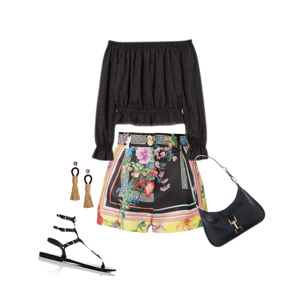 Black blouse print shorts sandals to wear to a winery