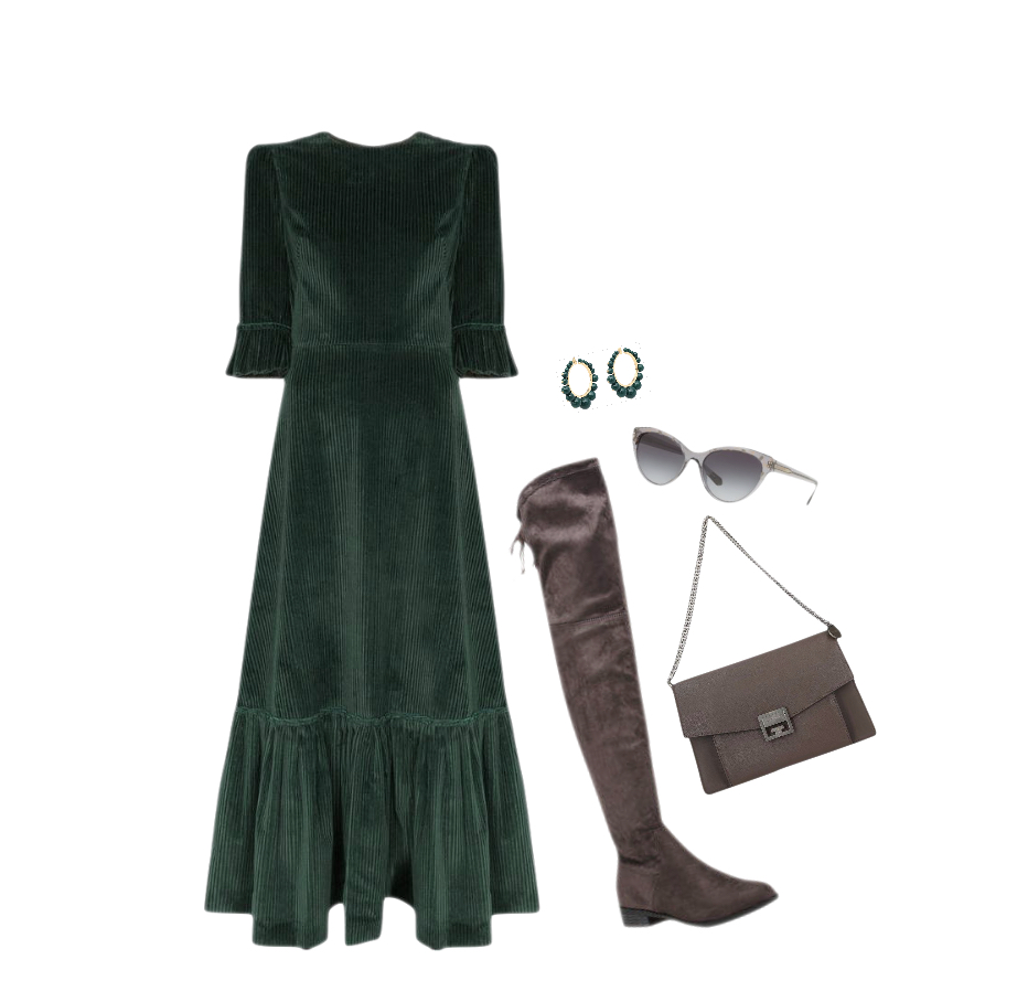 Dark-green velvet maxi dress brown knee-high shoes outfit idea