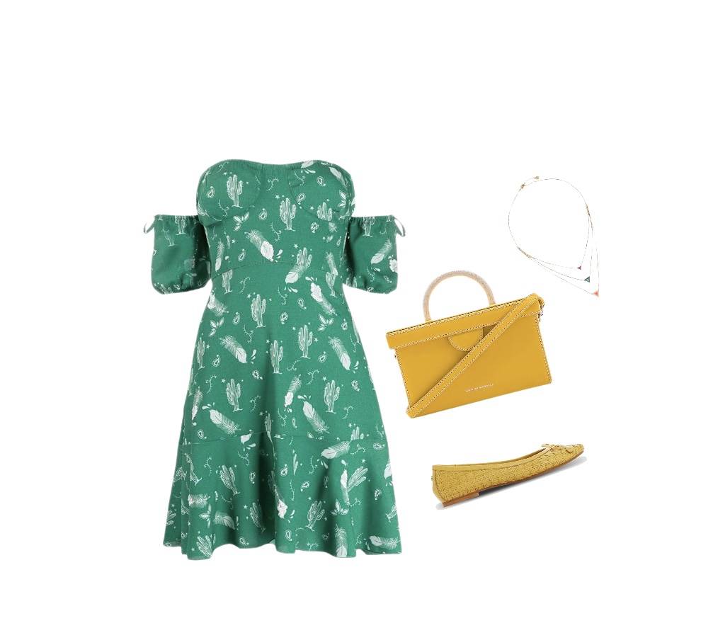 Green off-shoulder dress yellow ballet shoes outfit to wear to a winery