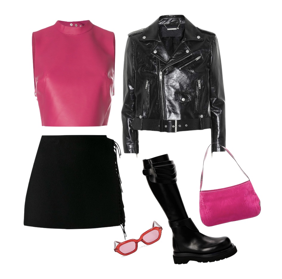 Pink cleeveless top short skirt leather jacket combat boots baddie outfit idea