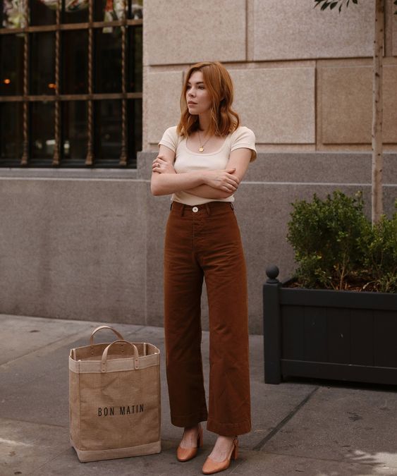 Brown wide-leg corduroy pants white top outfit idea for spring