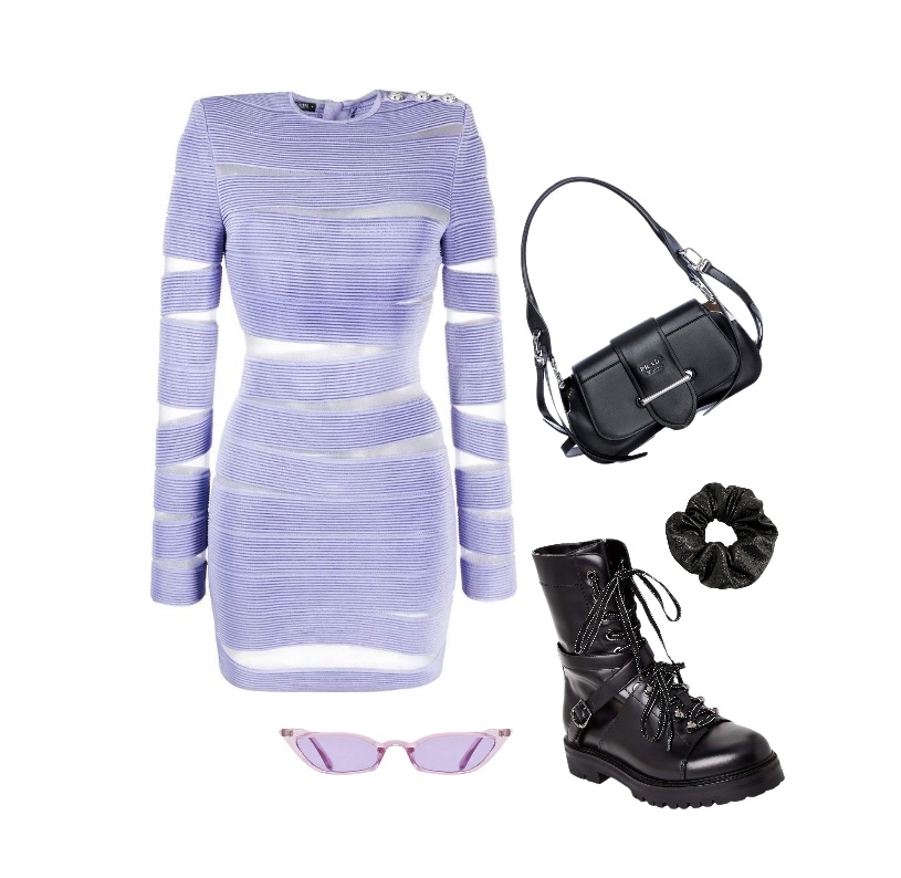 Purple bodycon dress with cuts black combat boots baddie outfit idea