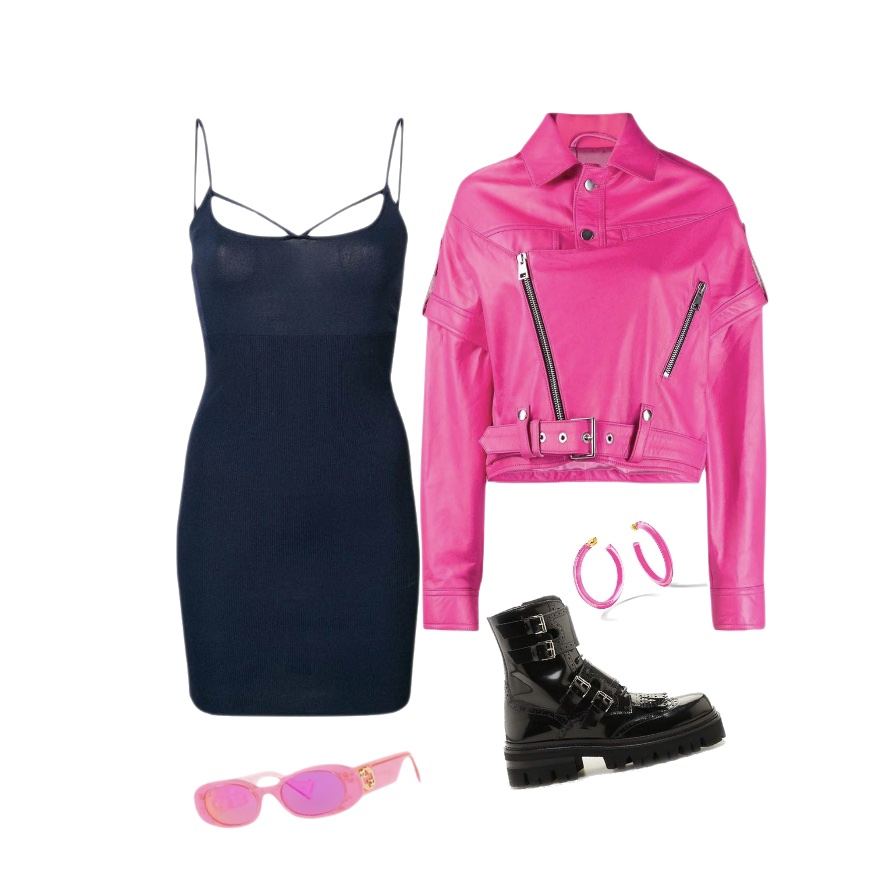 Blue sleeveless cocktail dress pink leather jacket combat boots baddie outfit idea