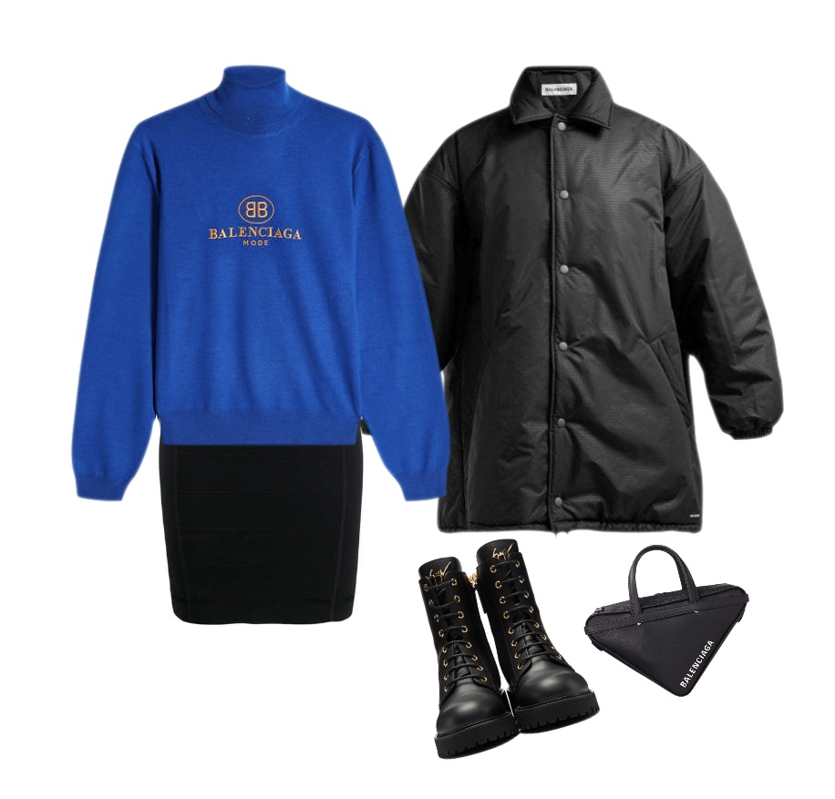 Blue sweatshirt black tight skirt puffy coat combat boots baddie outfit idea for autumn