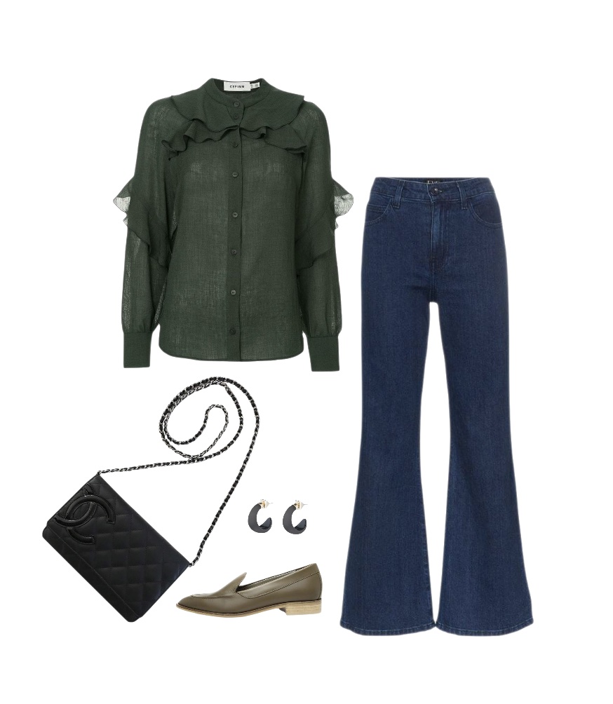 Green blouse flared jeans loafers outfit to wear to a winery