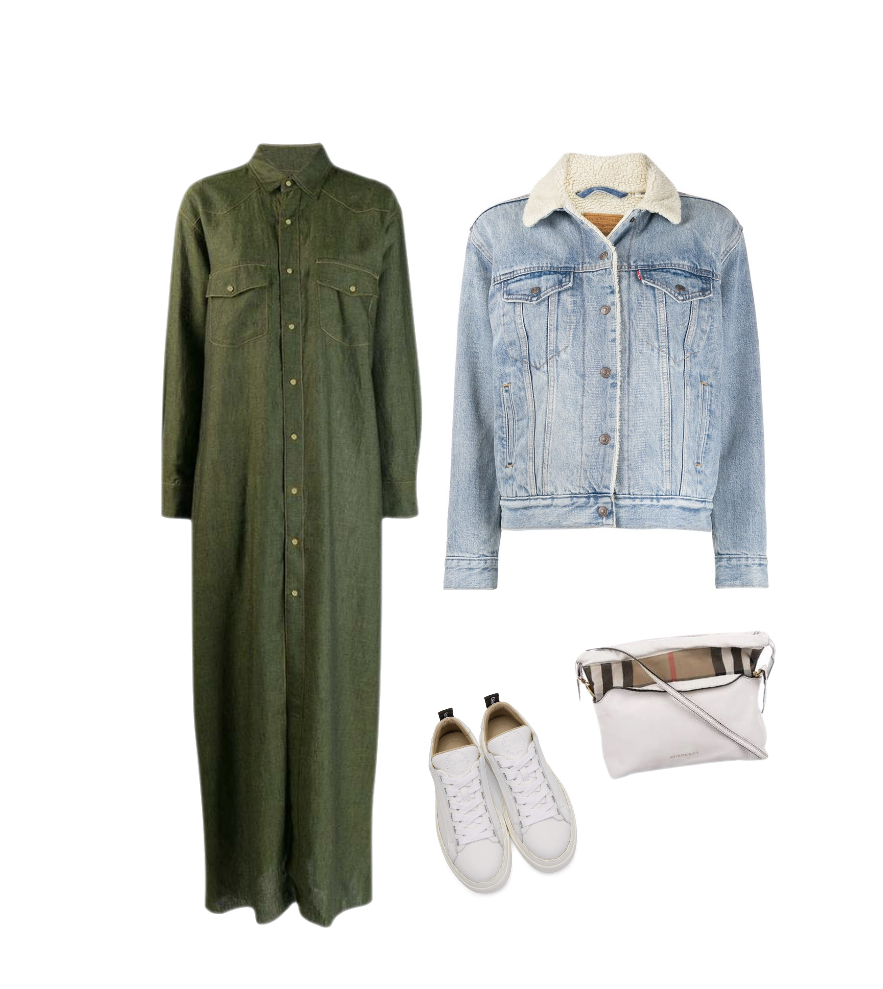 Olive-green shirt-like maxi dress jean jacket white sneakers autumn outfit idea