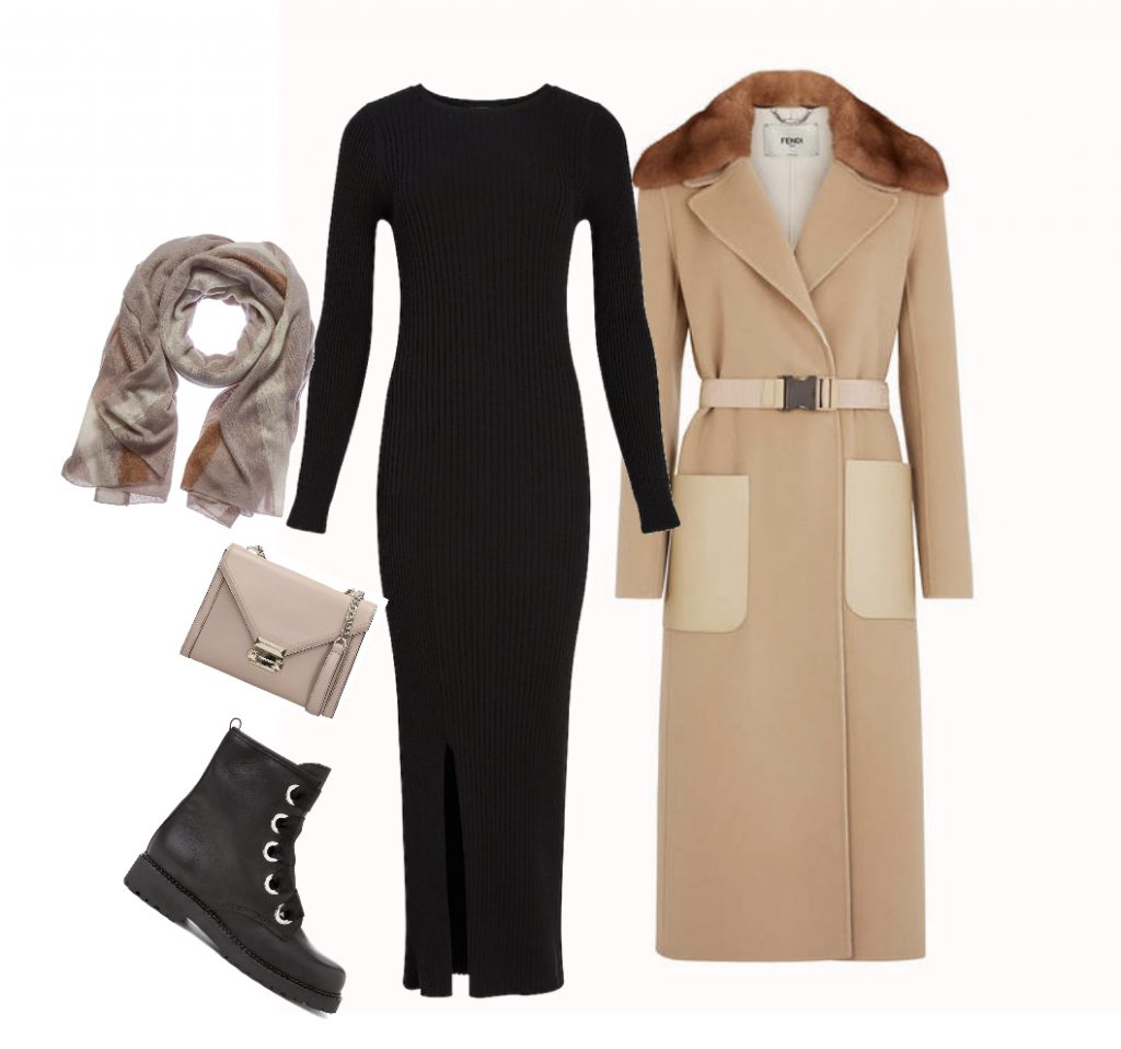 Black maxi bodycon dress beige coat with fur lining black ankle boots winter outfit idea