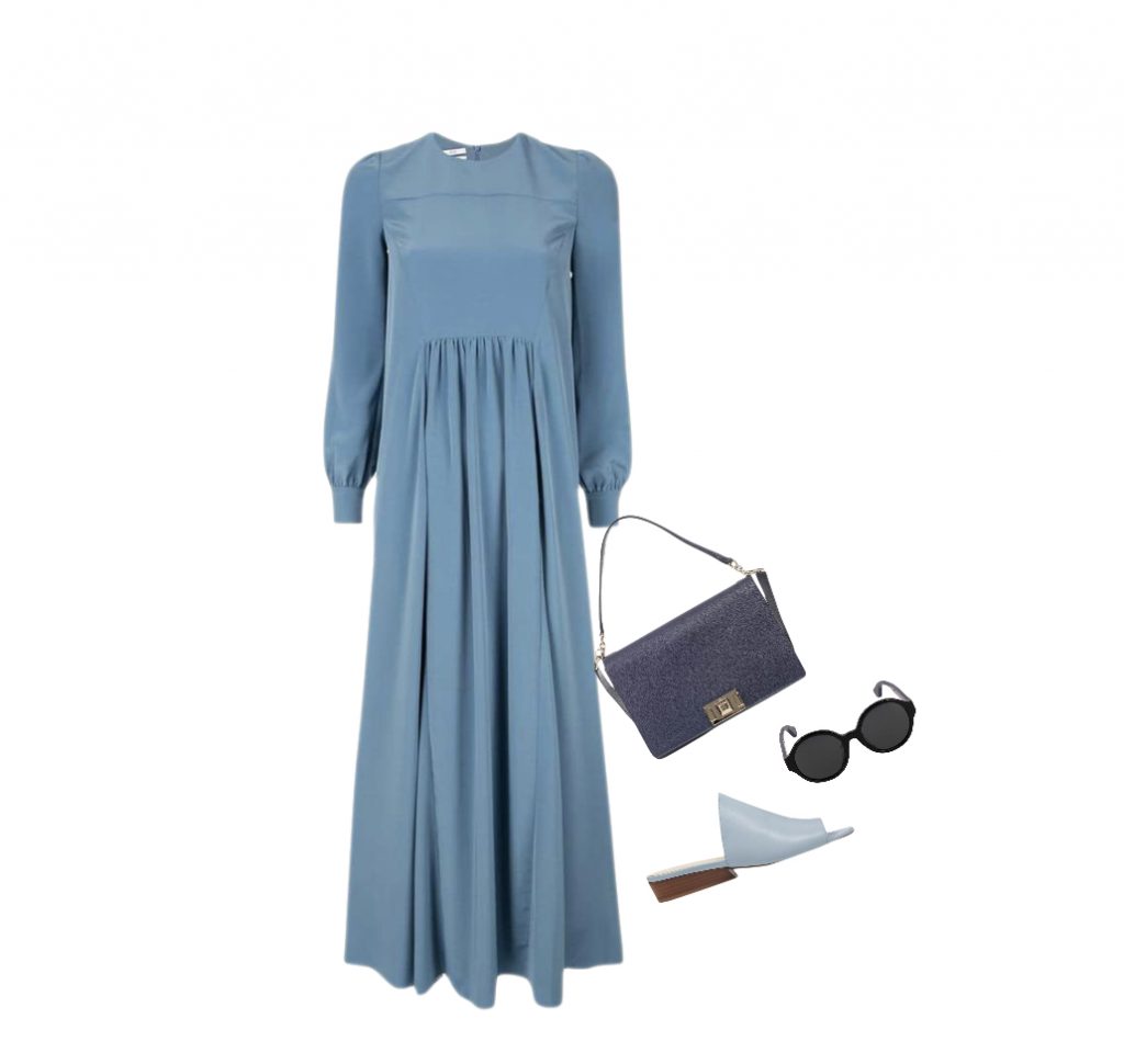 Blue maxi dress mules outfit to wear to a winery