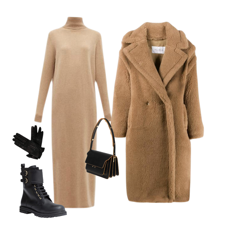 Beige turleneck dress faux fur coat black combat boots winter outfit idea