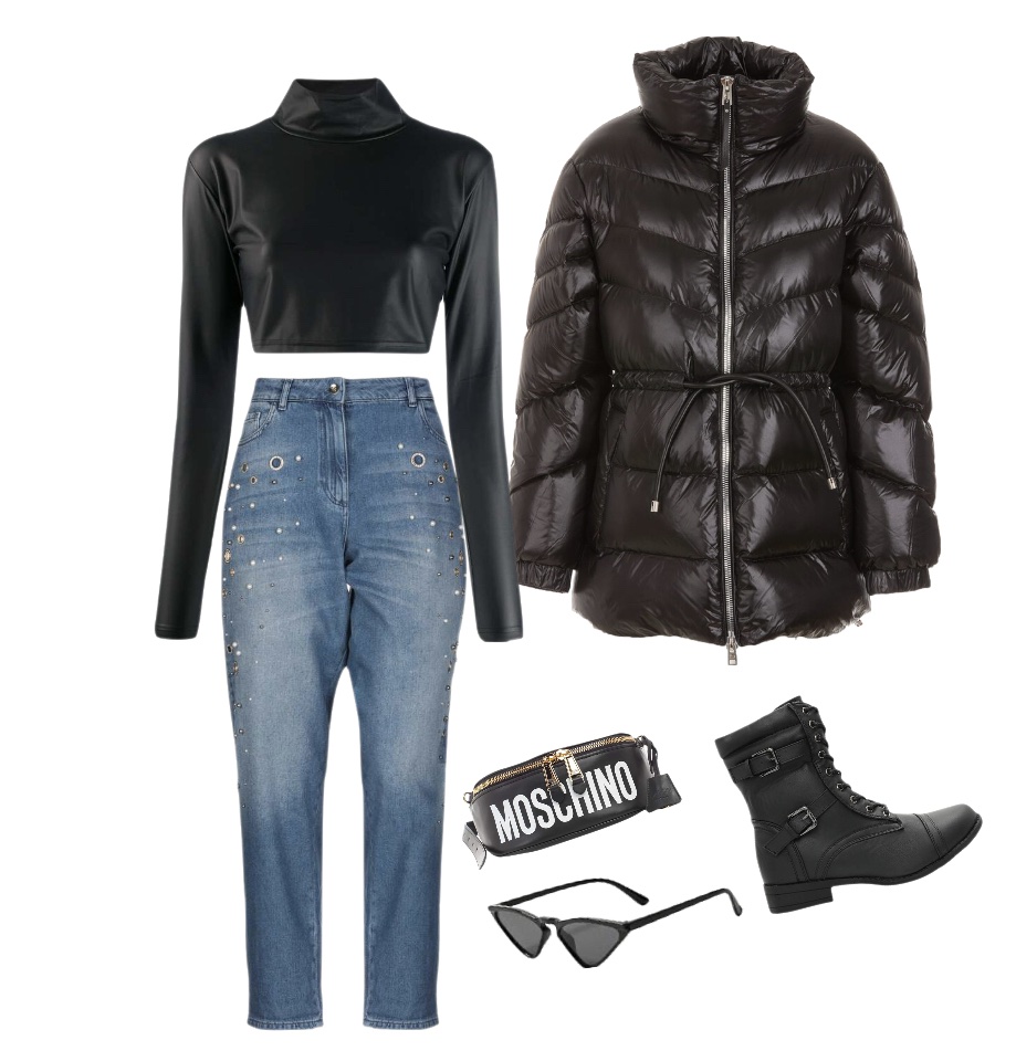 Cropped long-sleeve turtleneck straight jeans puffer jacket combat boots baddie outfit idea for winter