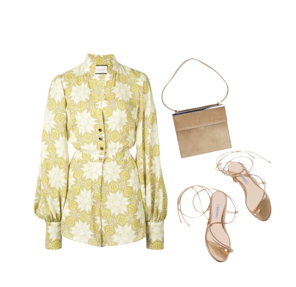 Print yellow romper with lace-up sandals outfit to wear to a winery