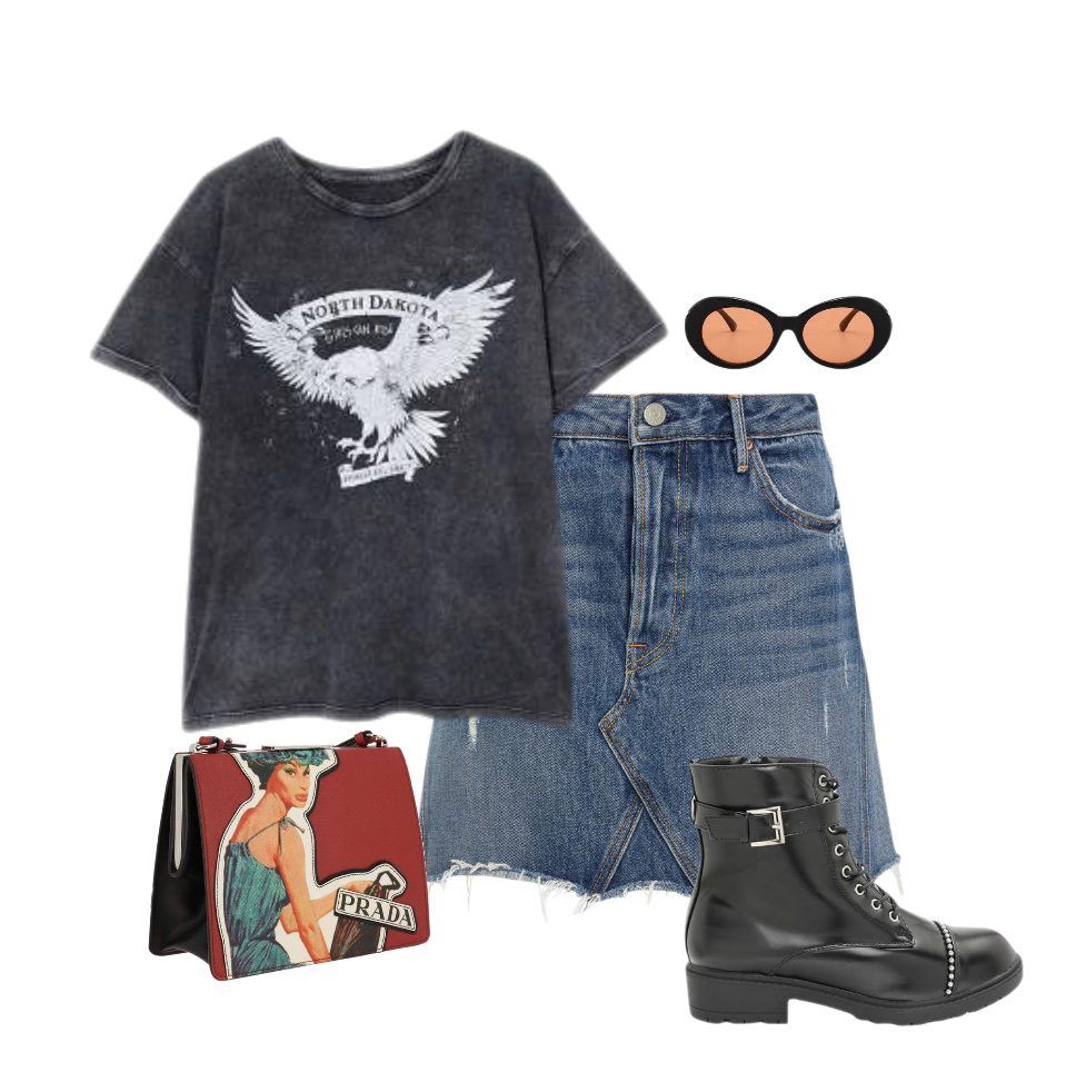 Jeans skirt grey T-shirt combat boots baddie outfit idea