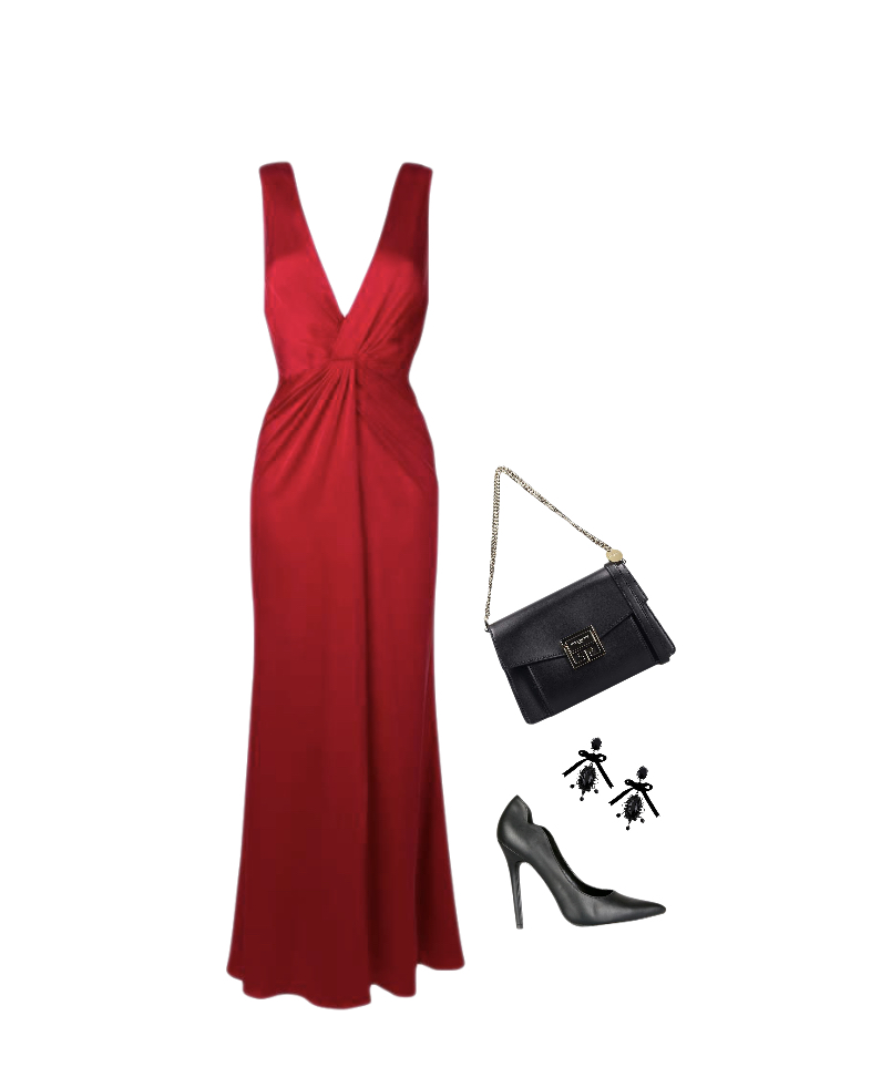 Red maxi dress with black high heels outfit idea