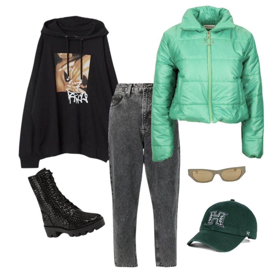 Black hoodie grey jeans cropped green puffer jacket combat boots baddie outfit idea for winter