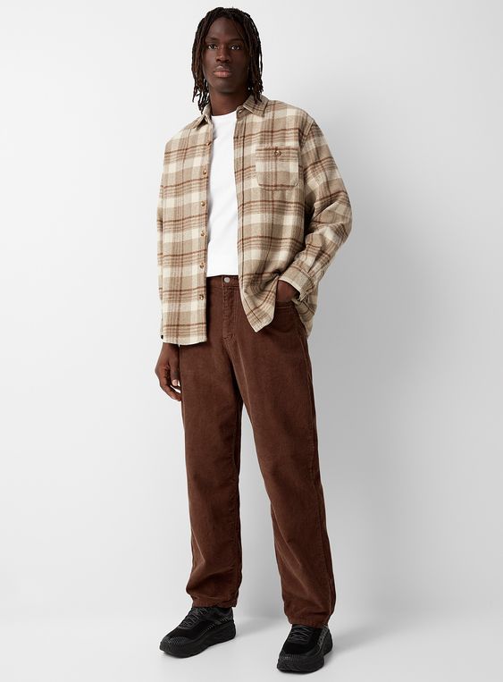 Plaid shirt brown corduroy pants spring outfit for men