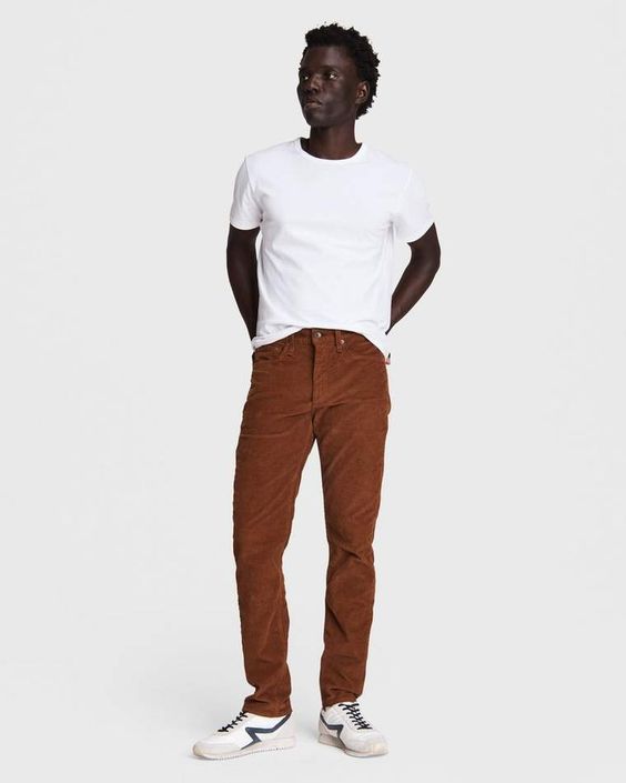 Basic white T-shirt brown corduroy pants sneakers summer outfit for men