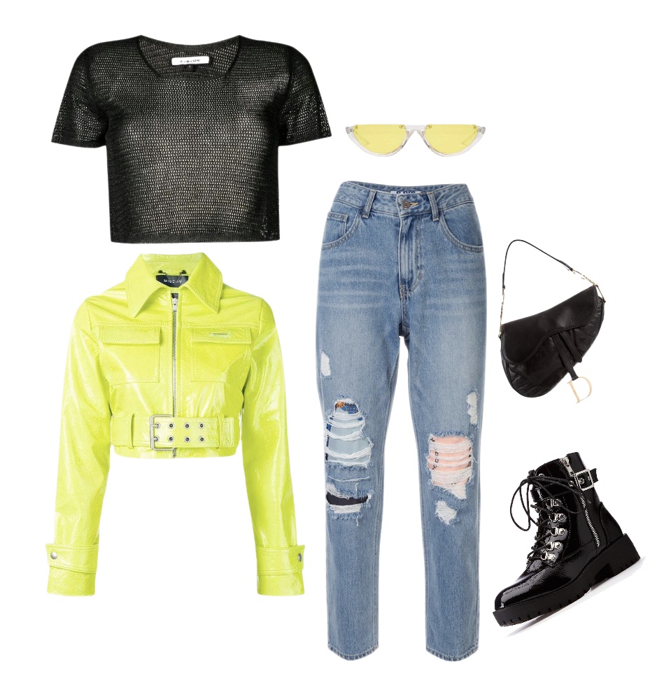 Cropped black T-shirt ripped jeans neon yellow leather jacket black combat boots baddie outfit idea for spring