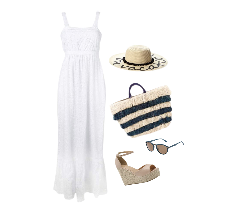 White cotton maxi dress beige wedges summer outfit idea