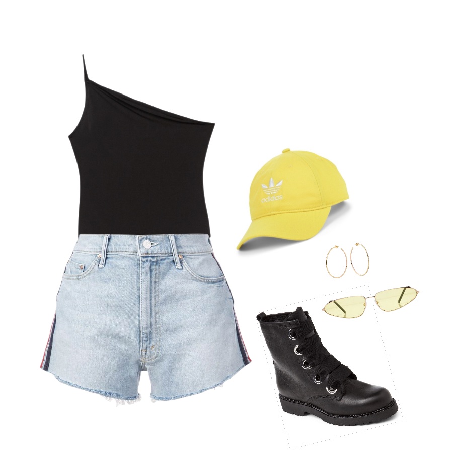 Jean shorts one-shoulder black top combat boots baddie outfit idea for summer