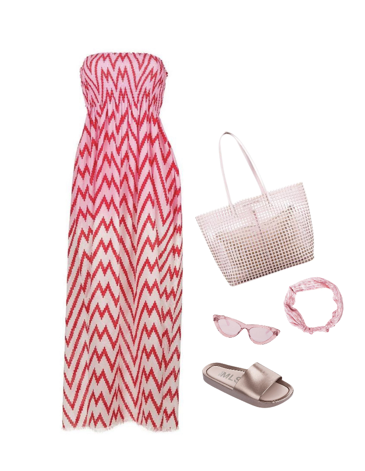 Pink patterned strapless maxi dress pink slippers summer outfit idea