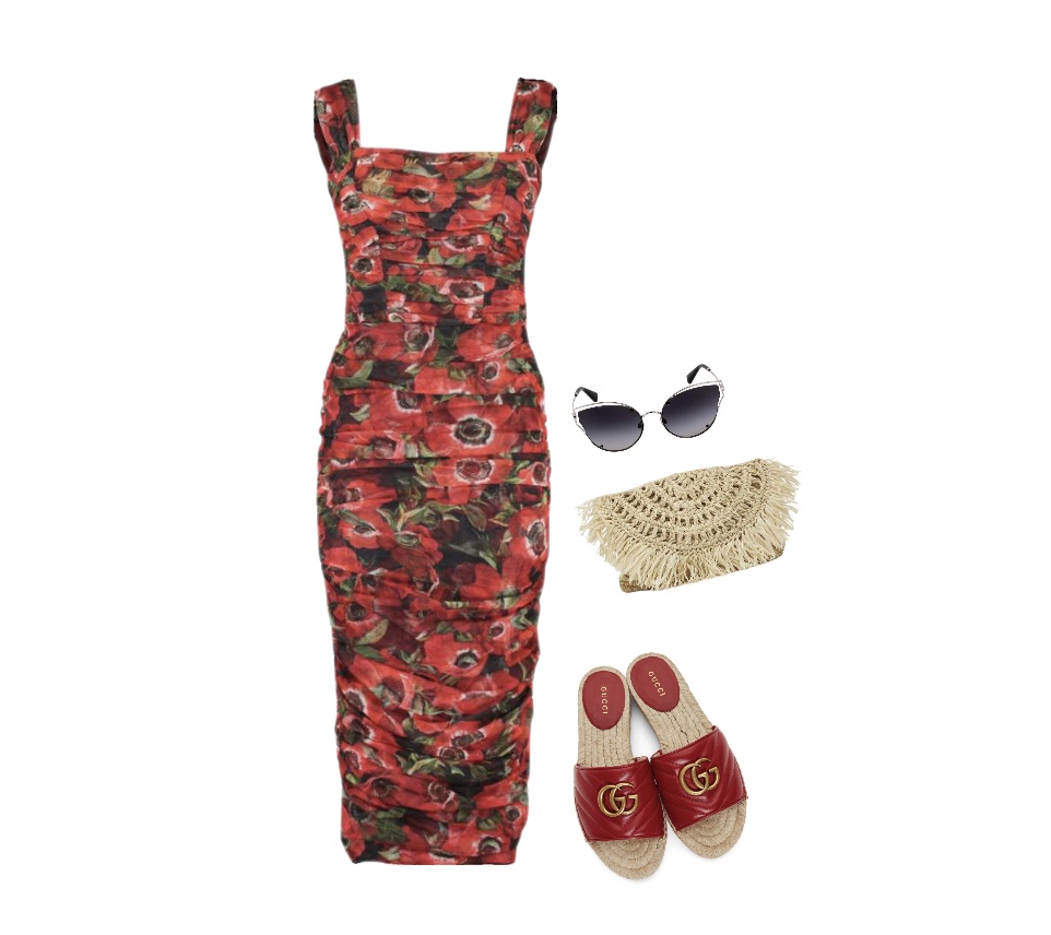 Red flowery bodycon dress sandals summer outfit to wear to a winery