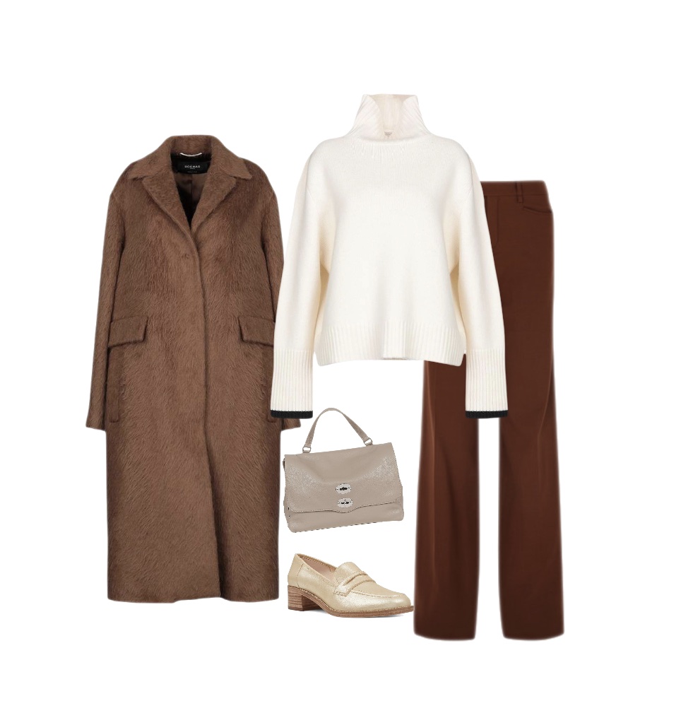 Long coat beige turtleneck pants loafers winter outfit to wear to a winery