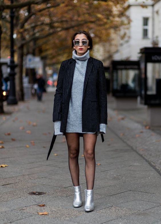 Sweater dress blazer ankle boots outfit idea