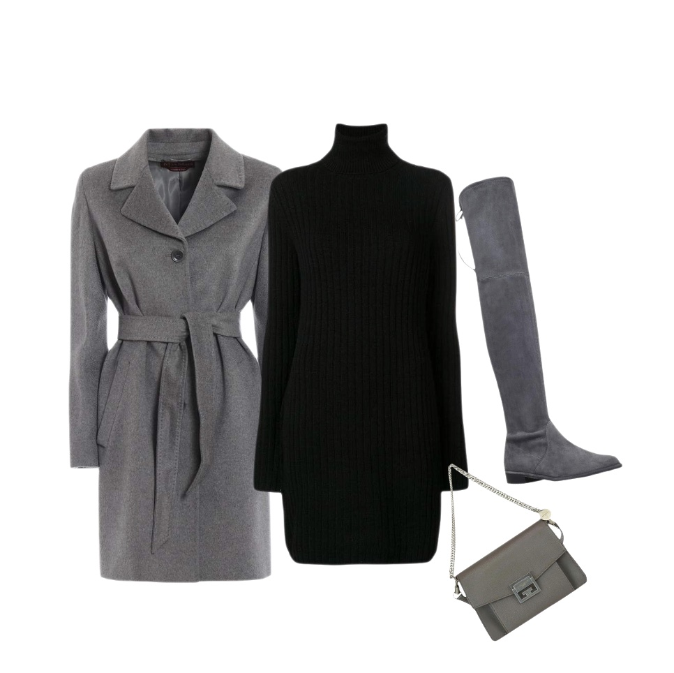 Black turtleneck dress grey coat thigh-high shoes winter outfit to wear to a winery