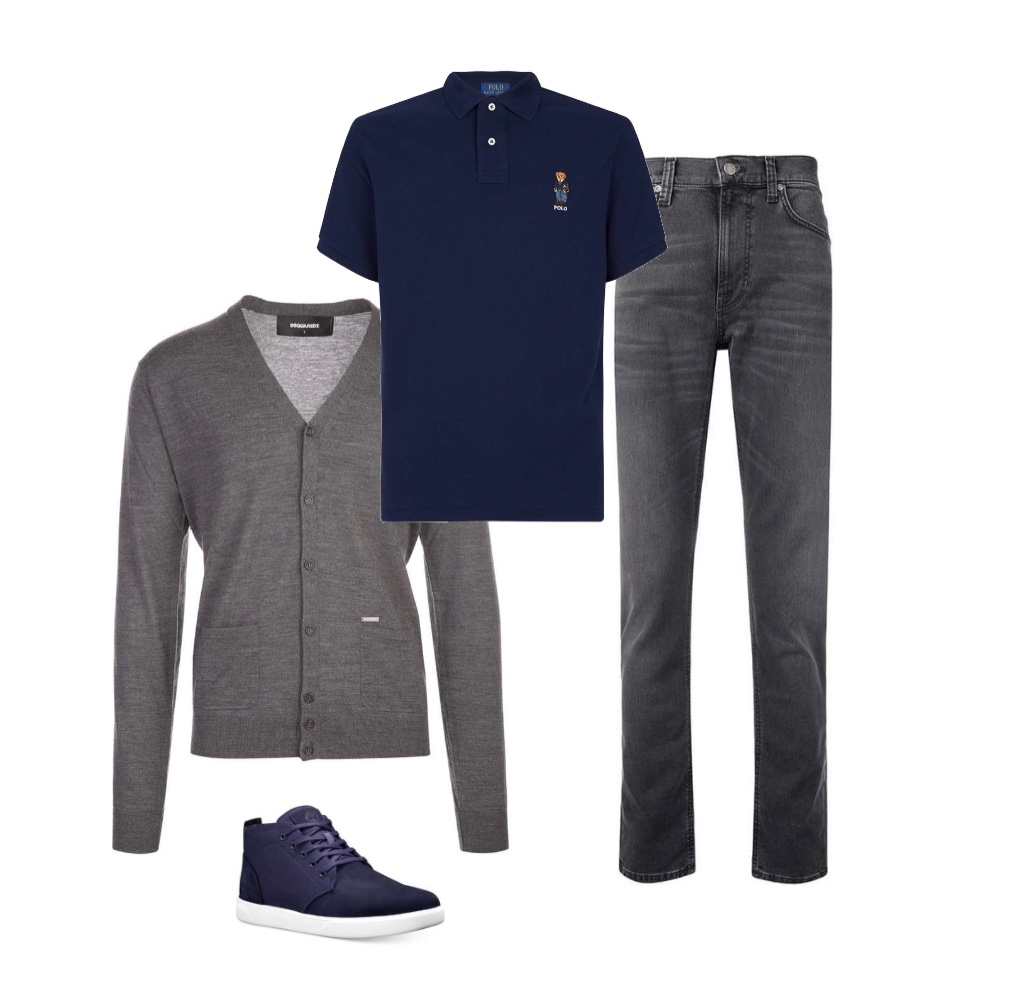 Grey cardigan blue polo shirt jeans sneakers men outfit to wear to a winery