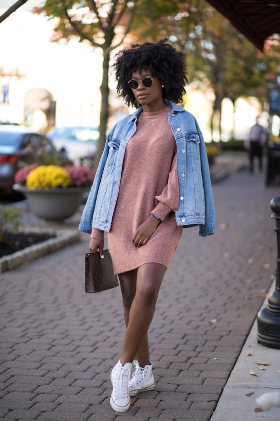 Jean jacket with sweater dress outfit idea for women