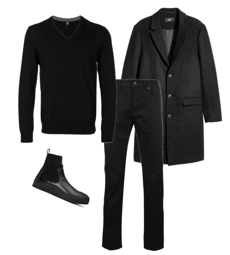 Black pullover jeans coat and boots men outfit to wear to a winery in winter
