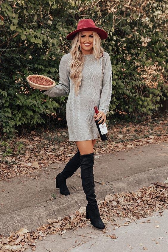 Grey sweater dress with thigh-high shoes outfit idea