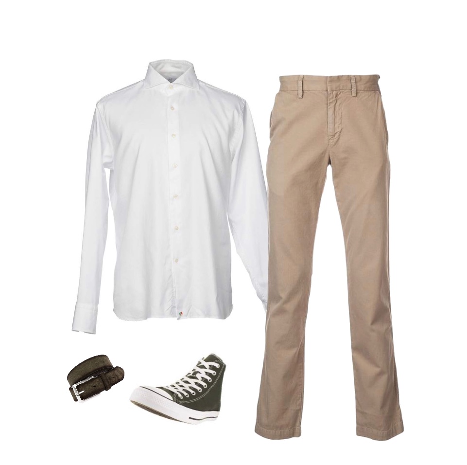 White button-down shirt beige pants sneakers formal outfit to wear to a winery for men