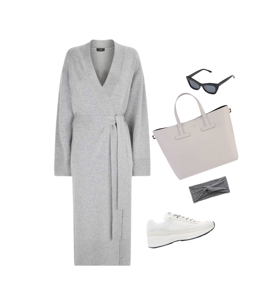 Wrap sweater dress white sneakers outfit idea for fall
