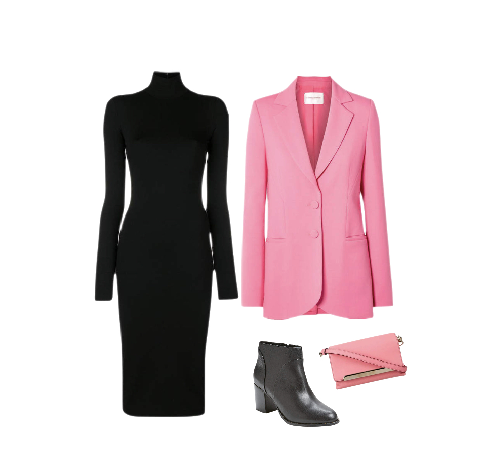 Black sweater dress pink blazer black booties formal outfit idea