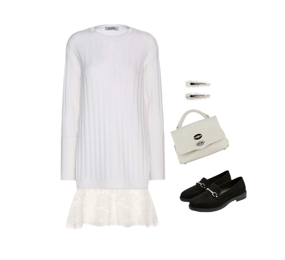 White sweater dress black loafers casual outfit idea