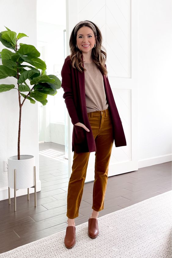Brown corduroy pants burgundy cardigan outfit idea