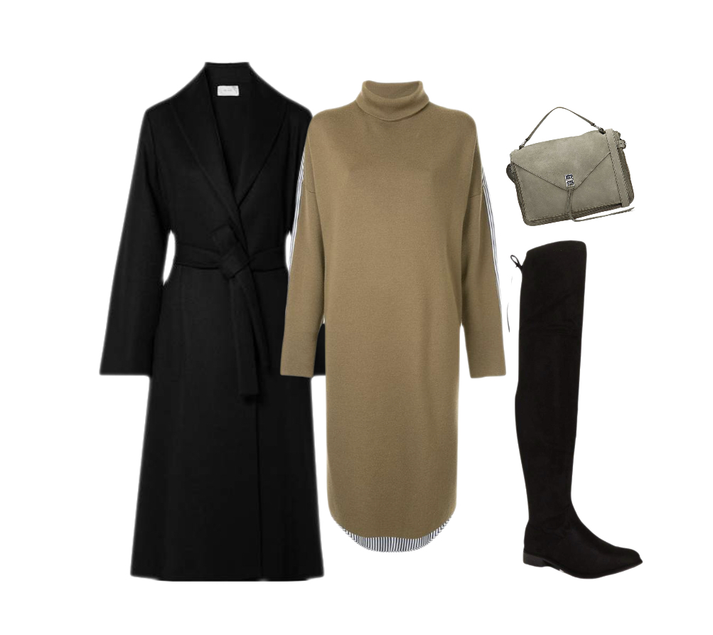 Turtleneck sweater dress black coat white thigh-high shoes outfit idea for fall