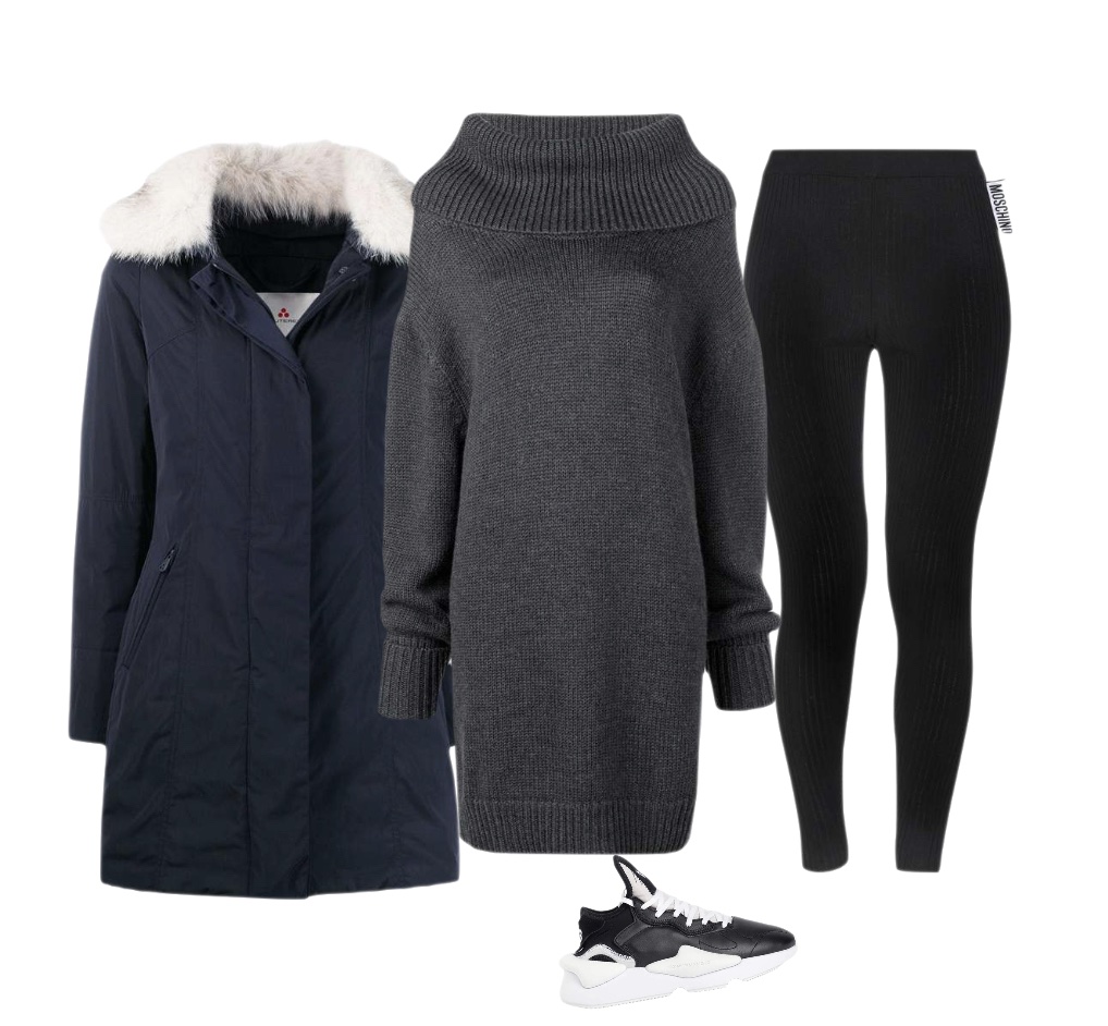 Grey sweater dress leggings parka sneakers outfit idea for winter