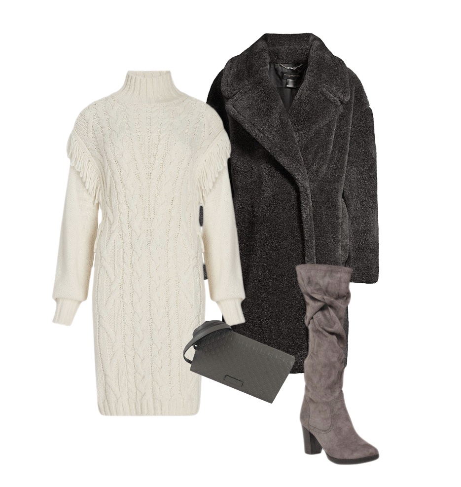 Cable-knit white sweater dress coat slouchy boots outfit idea