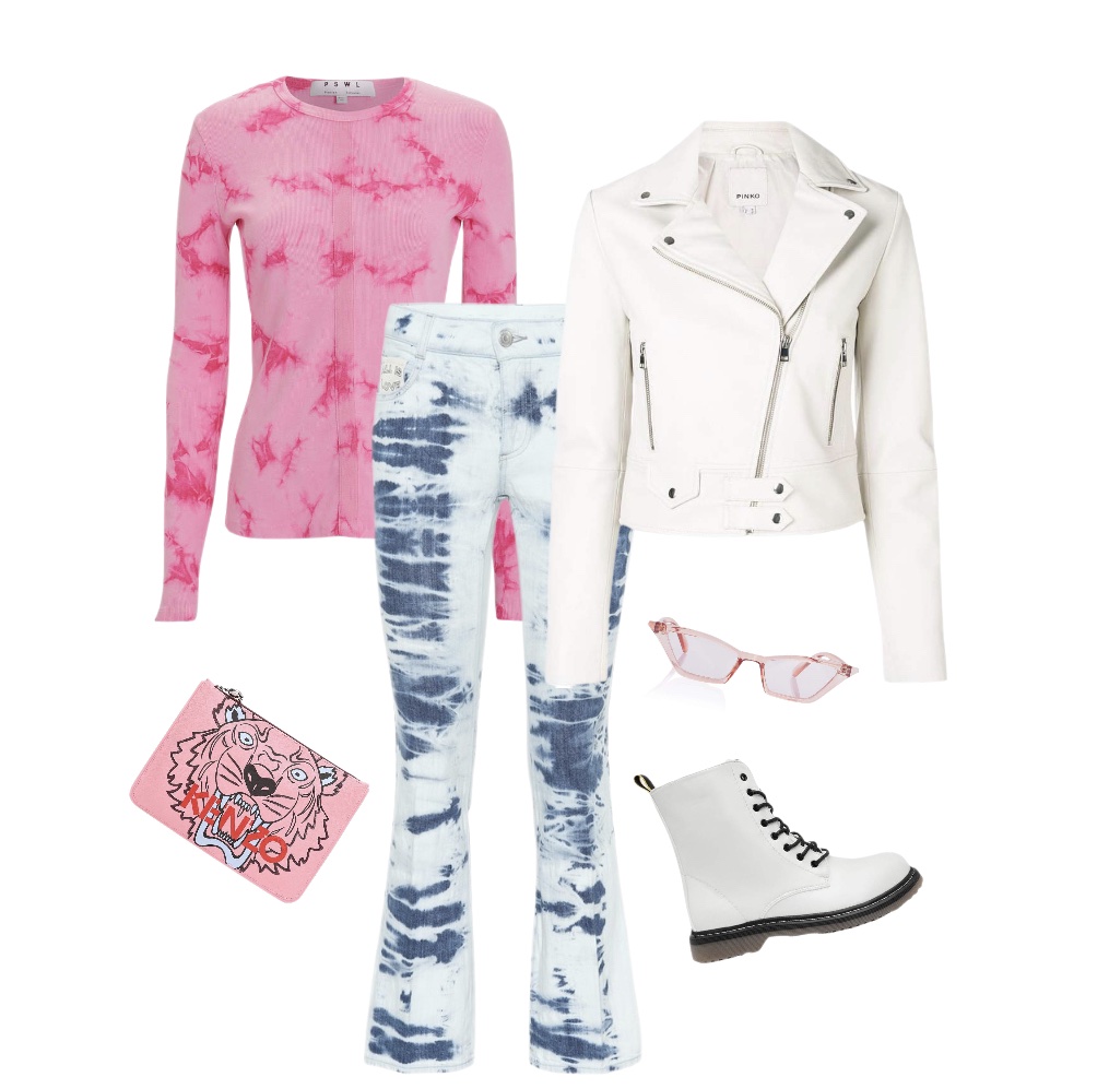 Dyed flared jeans pink long-sleeved shirt leather jacket combat boots baddie outfit idea
