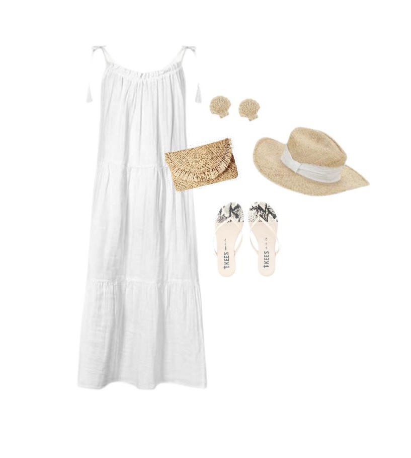 White cotton dress straw hat flip flops shoes to wear with a maxi dress