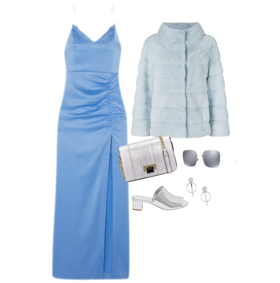 Blue satin maxi dress blue faux fur coat silver mules shoes to wear with a maxi dress