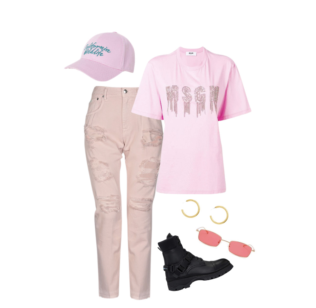 Pink cargo pants pink T-shirt combat boots baddie outfit idea
