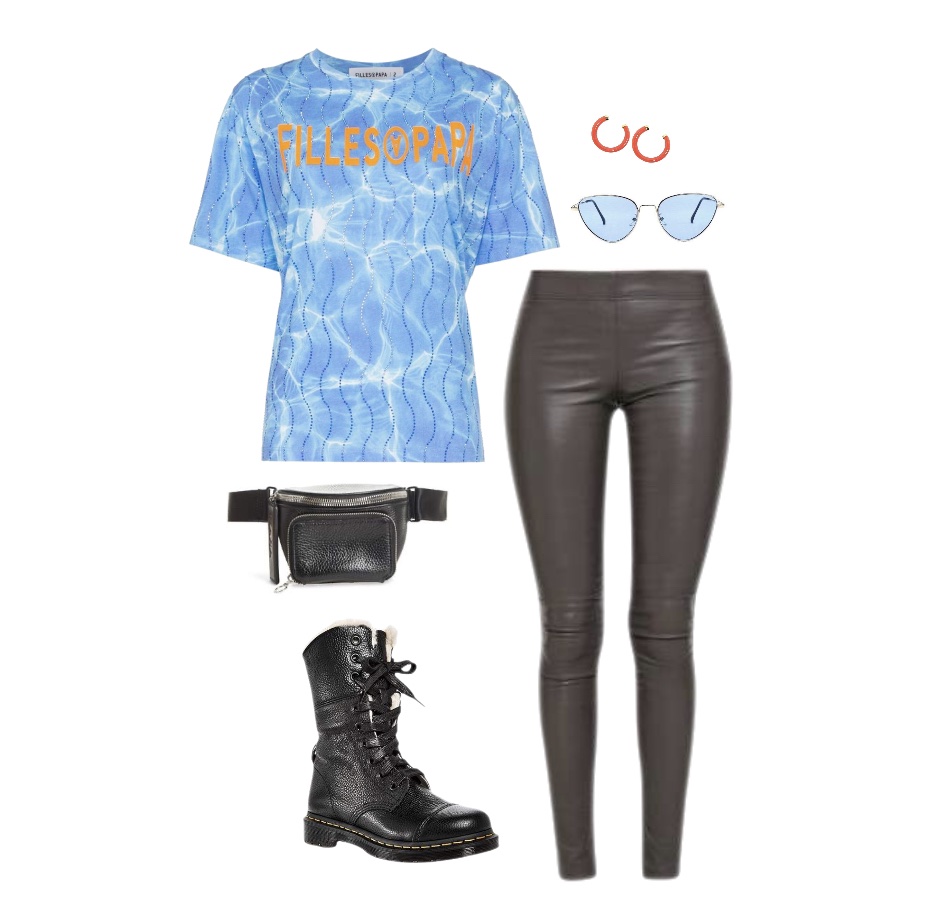 Leather leggings blue T-shirt fanny pack combat boots baddie outfit idea